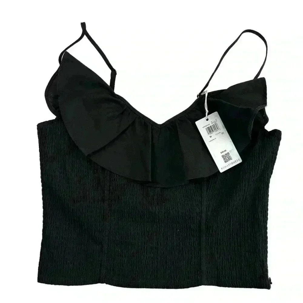 Guess, Ruffled, Black, Smock Tank With Adjustable Straps, Size Medium, Pre Loved